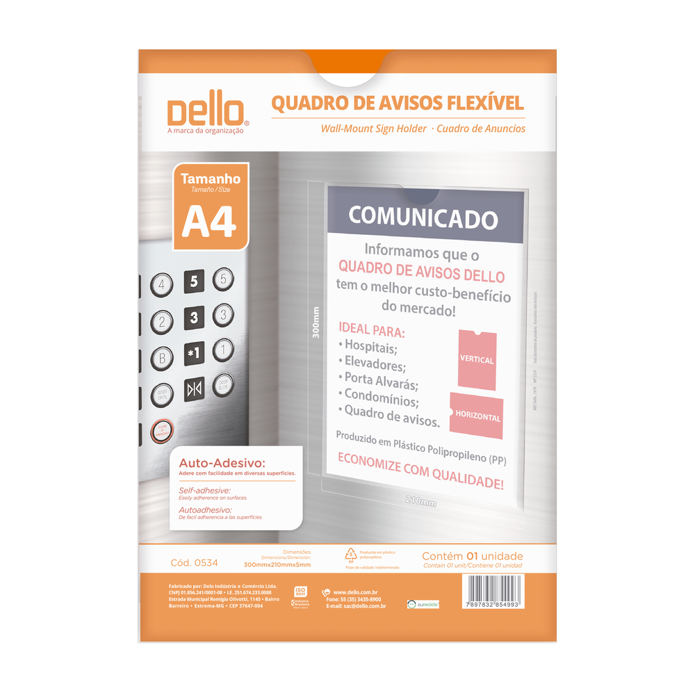 Dello Quadro/Display de Avisos Flexível Transparente Plástico A4 300 x 210mm 1 unidade