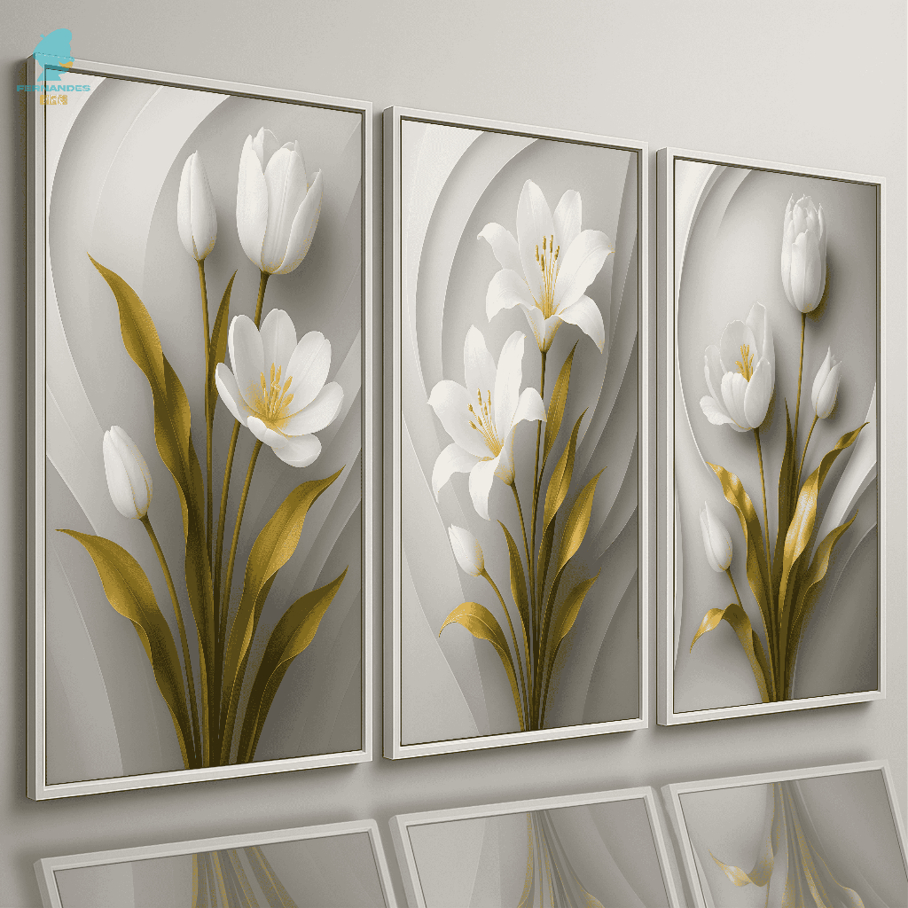 Quadros Decorativos 3 Peças Flores Brancas 3D Moderno Luxo Premium Sala Quarto