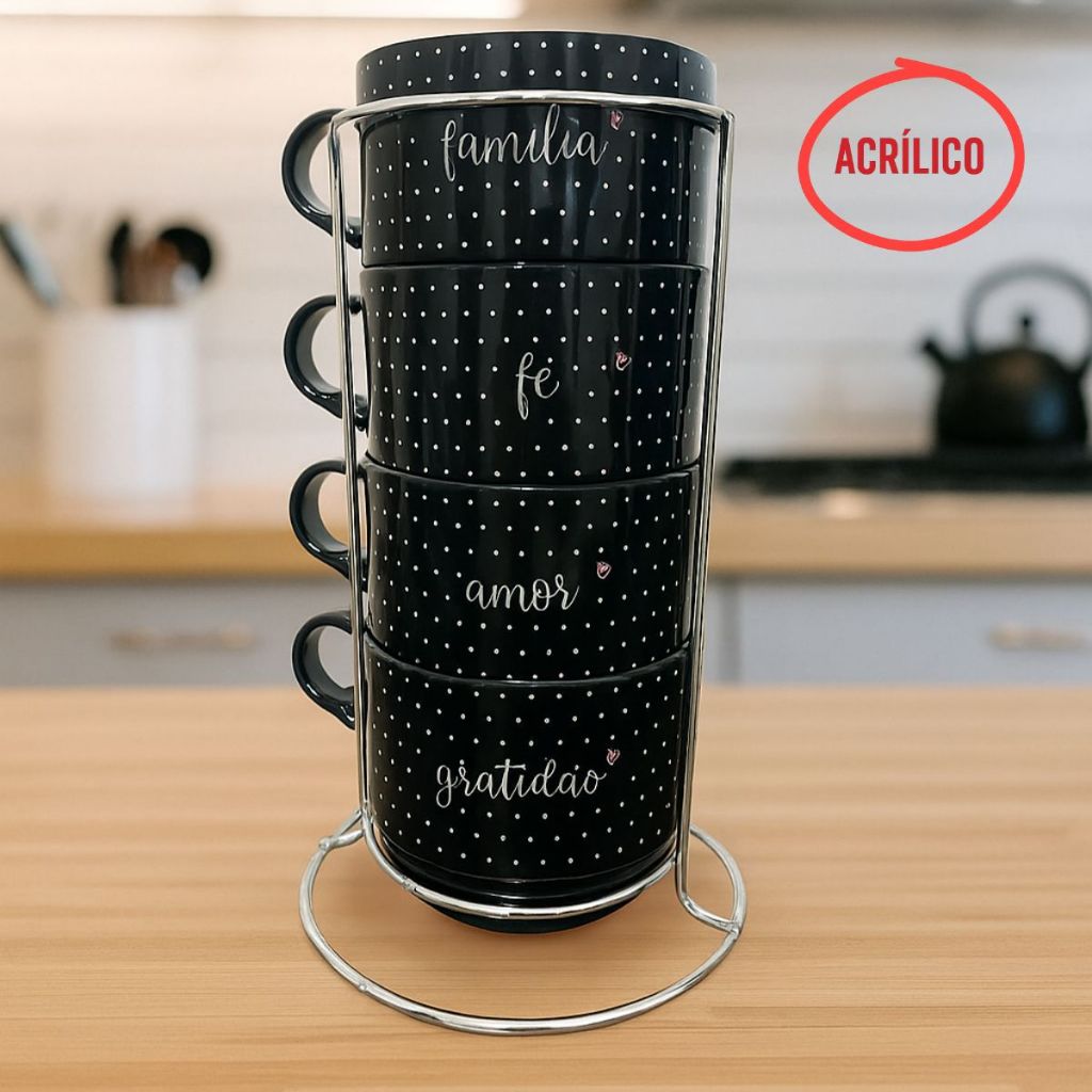Jogo 4 Xicaras 210ML Preta Frases Para Café Chá com Suporte Cromado