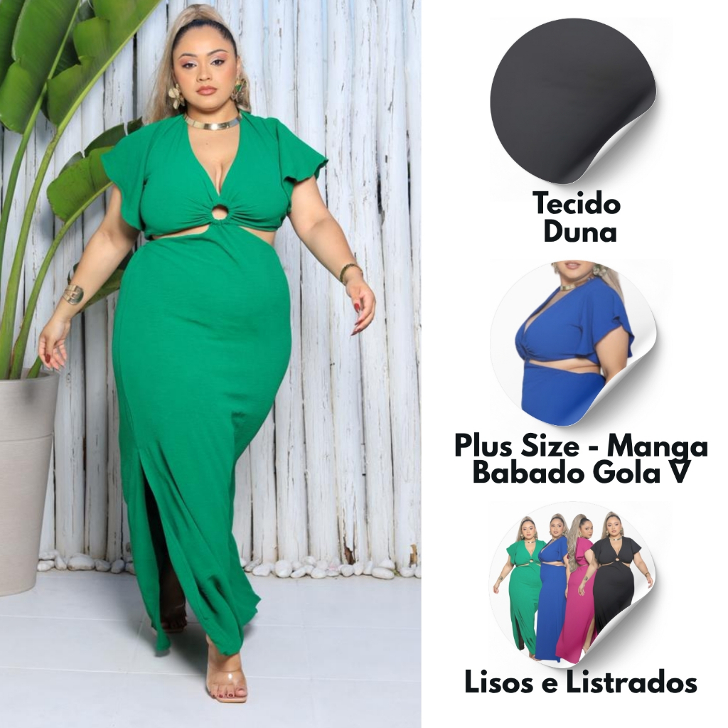 Vestido Longo Manga Babado Fenda lateral Decote Gola V Tecido Duna Elastico Costas e Cintura- G1 G2 em Oferta na Shopee
