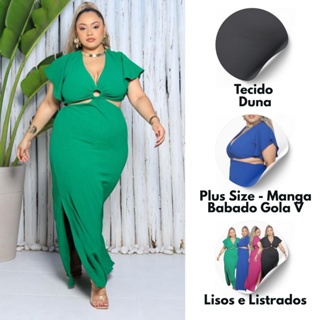 Vestido Longo Manga Babado Fenda lateral Decote Gola V Tecido Duna Elastico Costas e Cintura- G1 G2 em Oferta na Shopee