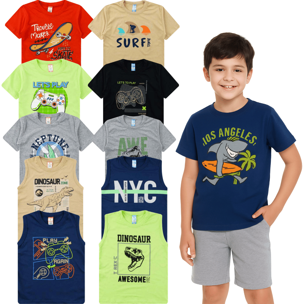 Kit 5 Camisetas Infantil Masculino Verão Menino Regata e Manga Curta Sortidas