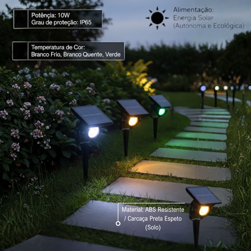 Espeto Solar LED 10W de Jardim IP65 À Prova D’Água Luminária Solar Paisagismo Externo – Verde/Branco Frio/Branco Quente