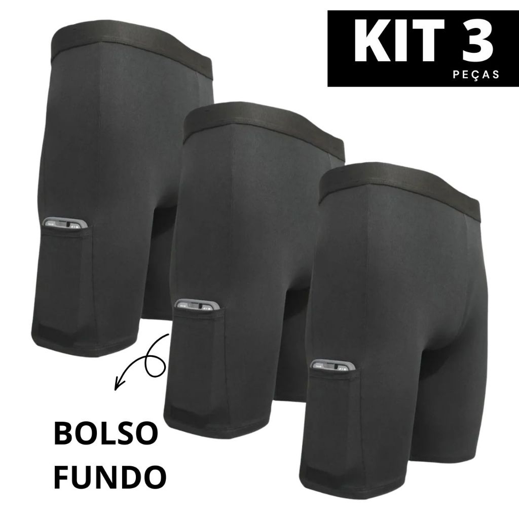 Kit 3 Bermudas Short Segunda Pele Ciclista Térmica Masculina Para Corrida Com Bolso Confortável