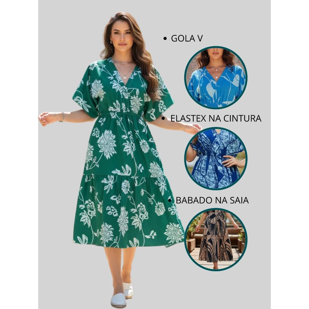 Vestido Feminino Midi Estampado Elástico/Cintura Gola V Modelo Bata Elegante  Moda 2026 Casual Verão em Oferta na Shopee