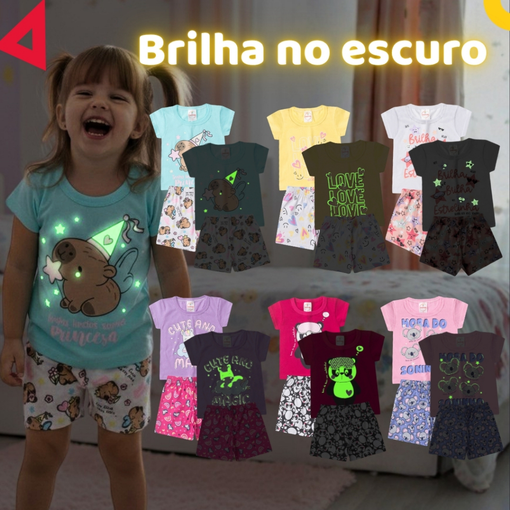 Kit 4, 6 ou 8 peças Pijama Infantil Brilha no Escuro Menina Verão Roupa Infantil Feminina em Oferta na Shopee