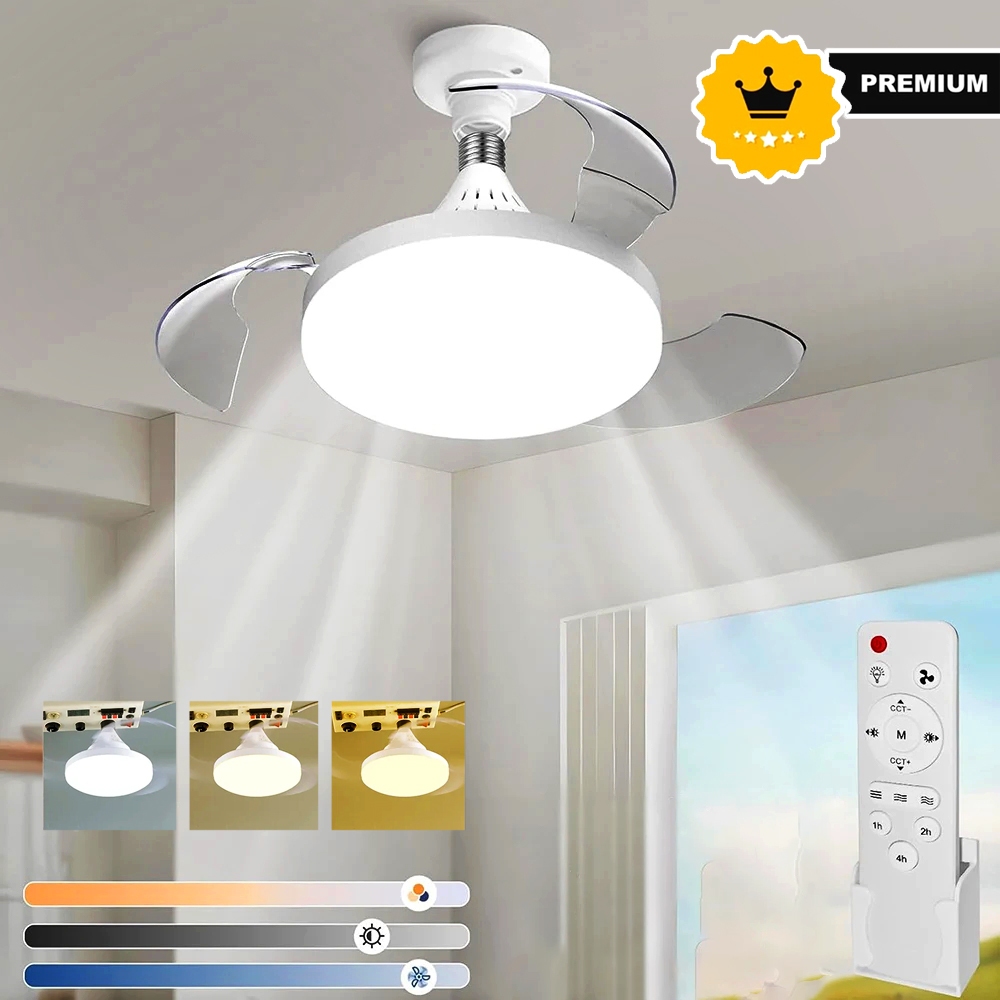 Ventilador de Teto Retrátil 80W 40cm E27 com Luz Ajustável Controle Remoto Silencioso Moderno