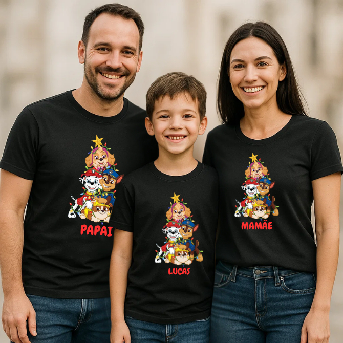 Kit 3 Camiseta de Natal Tema Patrulha Canina Desenho Animado Blusa 100%Algodão Pai Mãe Filho Filha