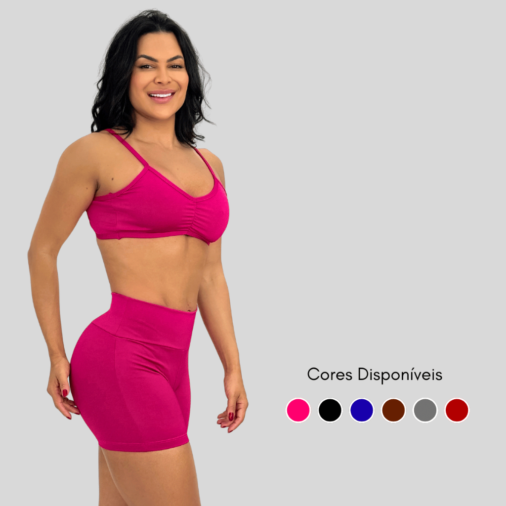 Conjunto Academia Blogueira Short Curto E Top Cropped Aberto Nas Costas Nua Sem Transparência