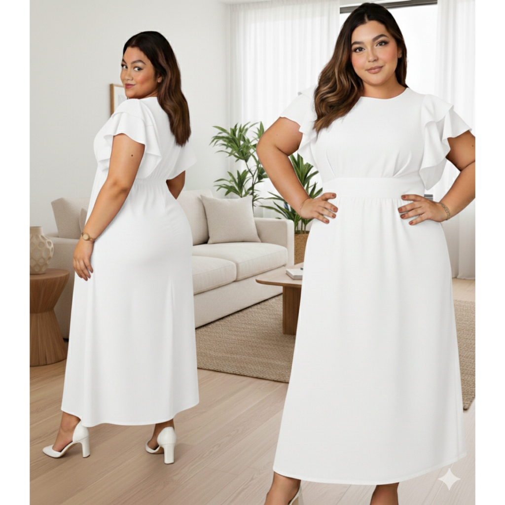 Vestido Longo Plus Size de Festa  Elegância e Conforto com Babado nas Mangas para o Natal e Réveillon em Oferta na Shopee