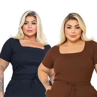 Blusa Feminina Plus Size Gola Quadrada Alta Elasticidade Elegante Confortável em Oferta na Shopee