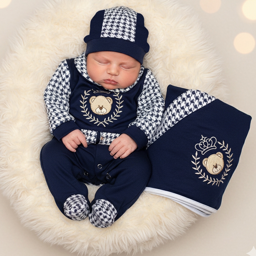 Saída de Maternidade Menino Urso Feliz Bordado Branco e Marinho 04 Peças em Oferta na Shopee