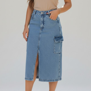 Saia Midi Cargo Jeans Feminina