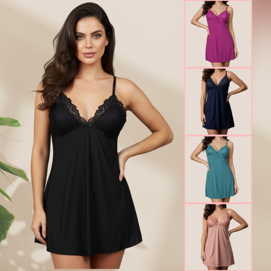 Camisola Sensual Detalhes em Renda Sem Bojo Intima Confortavel Alça Regulável Metal Pijama de Dormir