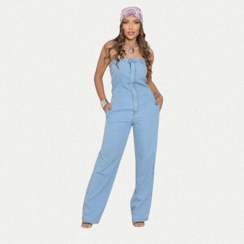 Macacão Jeans Tomara Que Caia Pantalona Lavagem Clara Feminino Estilo Elegante Moderno Atemporal