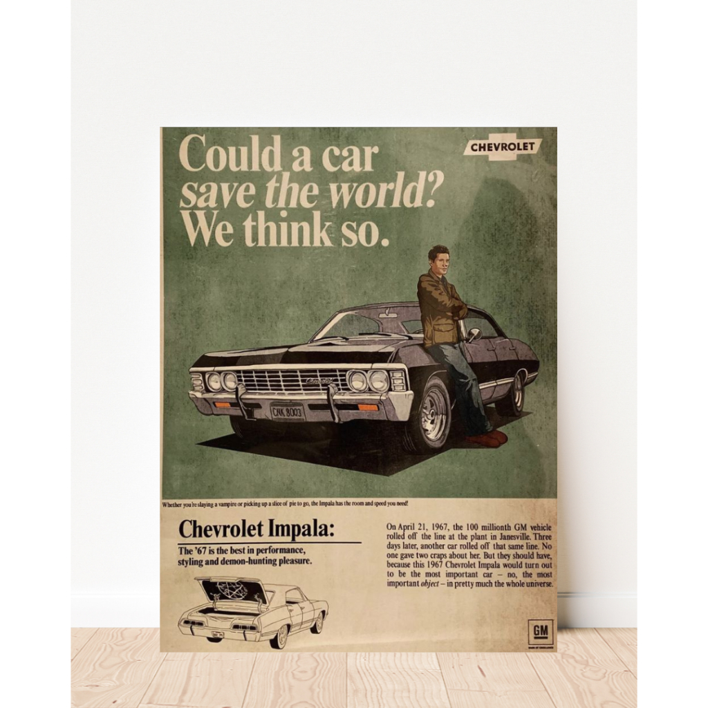 Quadro Decorativo Supernatural | Sam Winchester, Dean Winchester e Impala '67