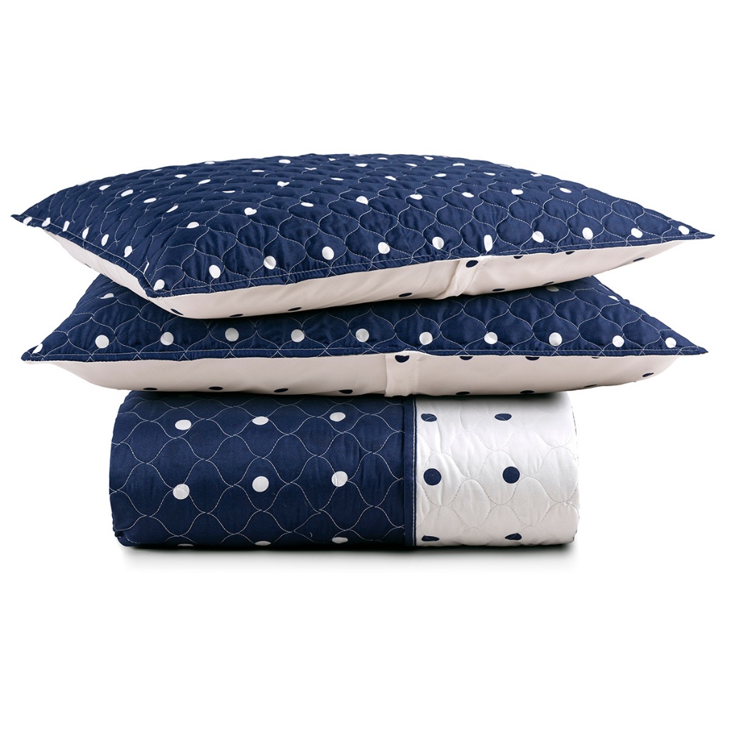 Kit Cobre Leito Colcha Meggy Poá Queen Dupla Face Micropercal 200 Fios 3 Peças – Azul Marinho