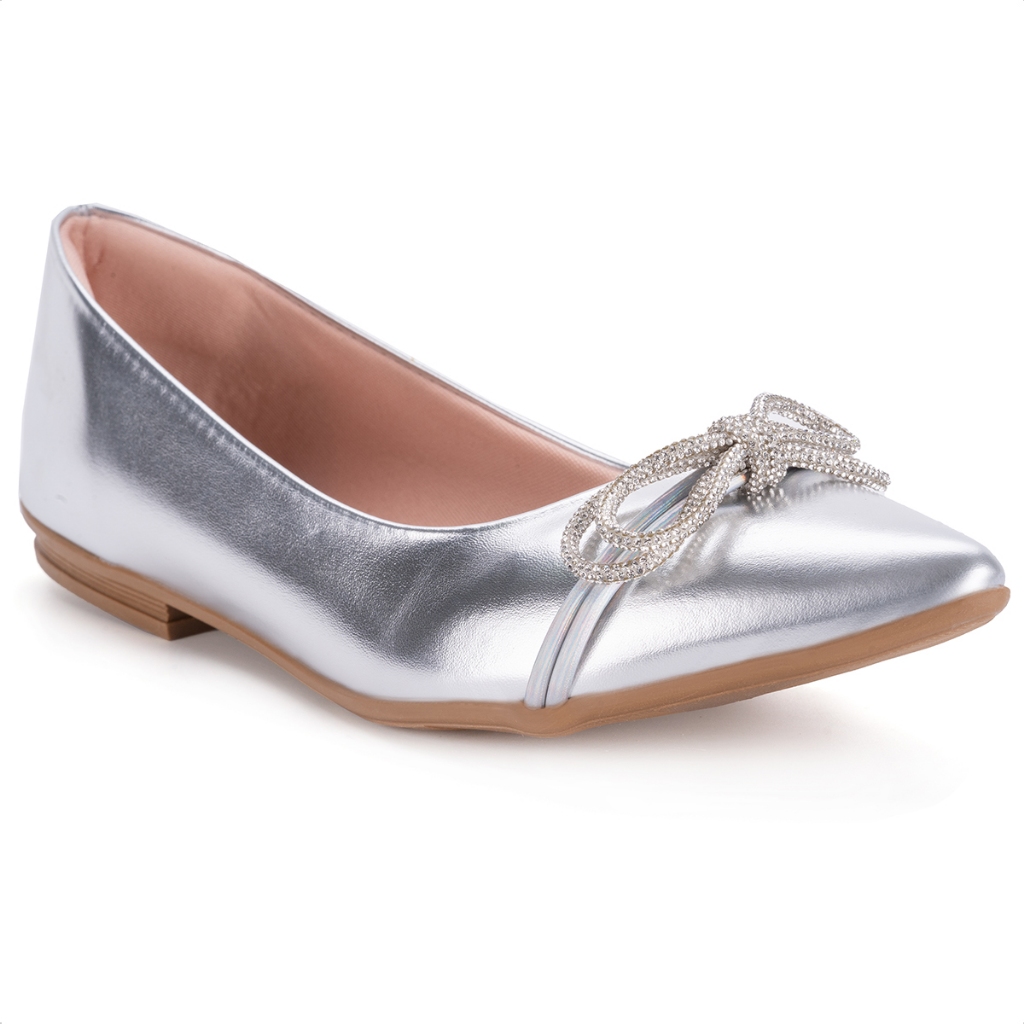 Sapatilha Feminina Domidona Laço Com Strass Bico Fino Luxo Elegante