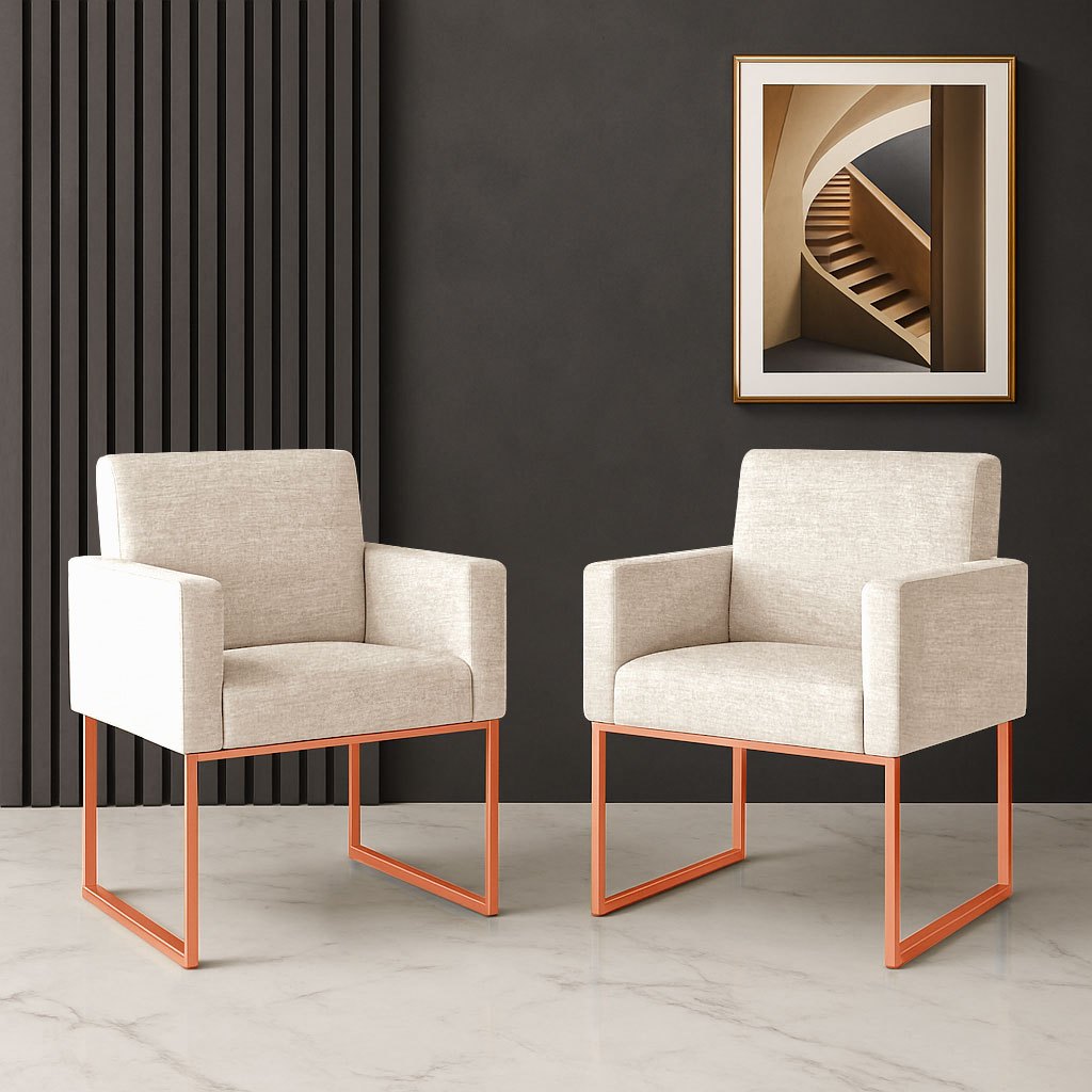 kit 02 Poltronas sala Tecido Linho Bege - Base de Ferro Rosé