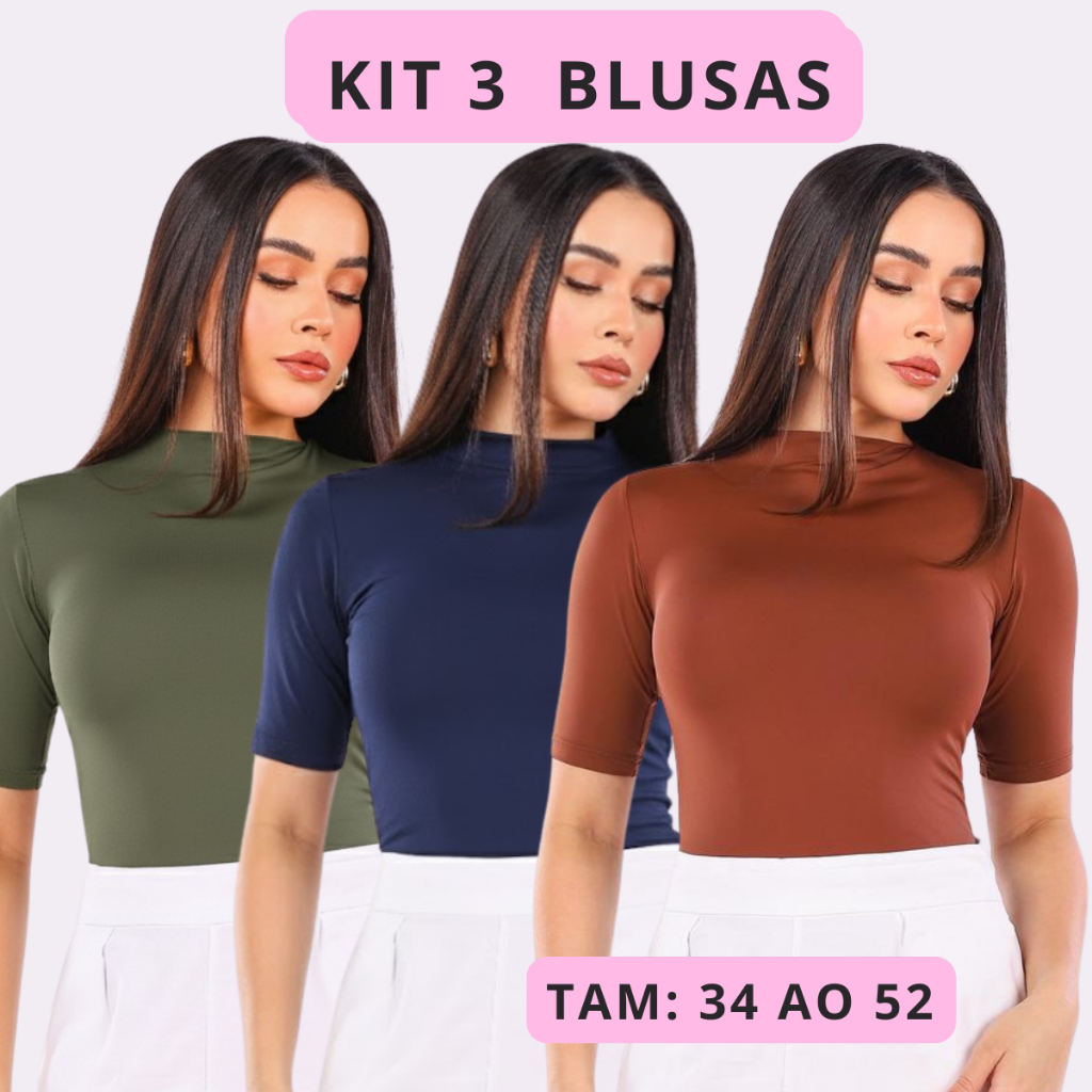Kit 3 Baby Tee Feminina Poliamida - Blusa Slim Fit Manga Curta Blusa Várias Cores Ajuste Perfeito