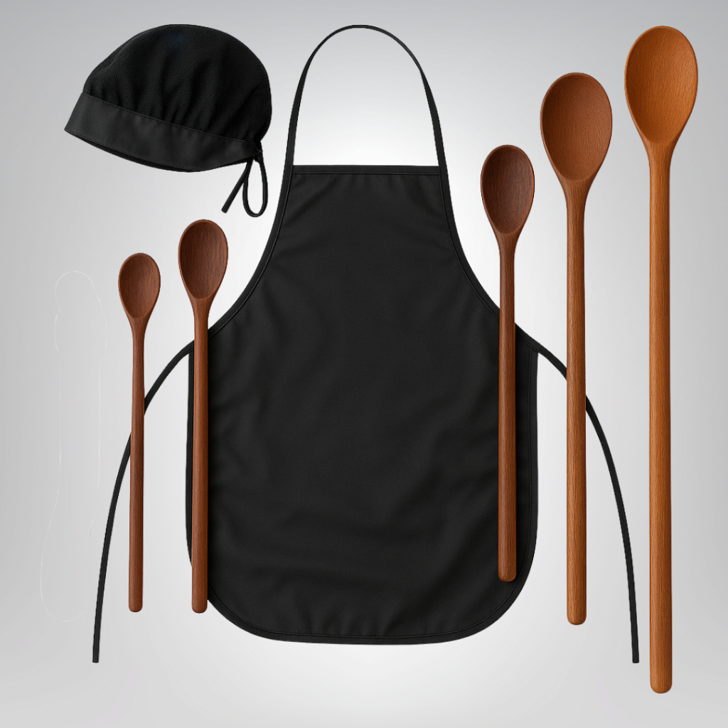 Kit Avental + Touca + 5 Colheres de Pau 60cm a 27cm para Cozinha, Churrasco e Uso Profissional