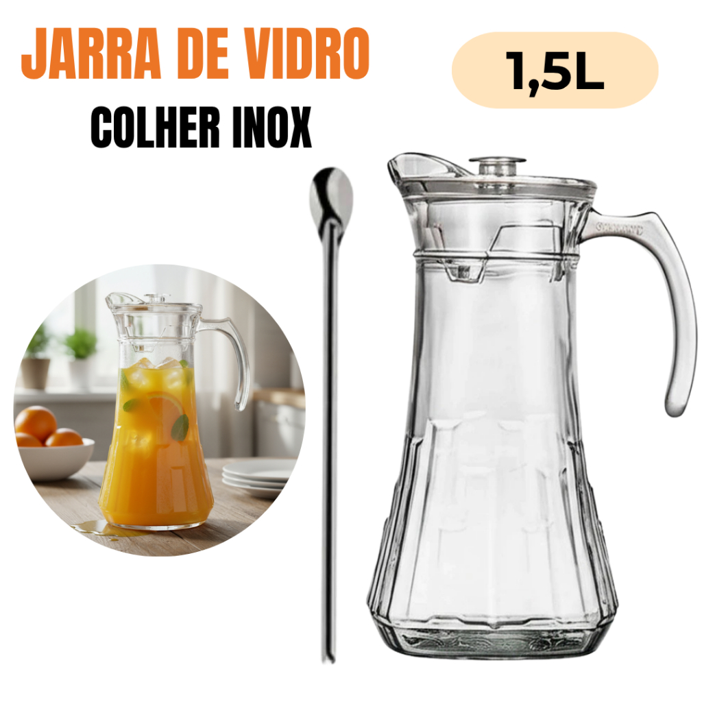 Jarra de Vidro 1,5L Resistente com Tampa + Colher Bailarina Inox 30cm Elegante em Oferta na Shopee