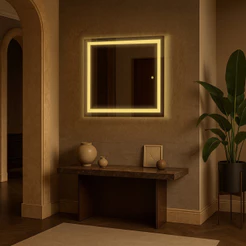 Espelho Quadrado 90cm x 90cm Led Jateado Touch Grande Decorativo Bivolt Moderno Sala Quarto Banheiro Hall 3 TONS DE LED