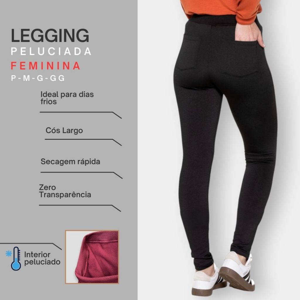 Calça Legging Feminina Adulto Suplex Térmica com Bolso Traseiro Zero Transparência Cintura Alta
