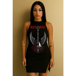 Vestido Feminino Básico e Leve Estampado Rock N' Roll Perfeito Canelado Do Tamanho 36 Ao 44
