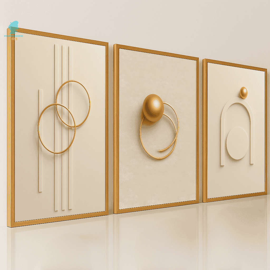 Quadros Decorativos Trio Abstrato Formas Geométricas Dourada e Bege Sala Quarto