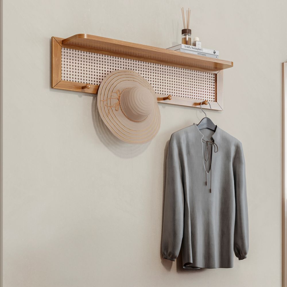 Cabideiro Porta Bolsas Fixo de Parede em Madeira Maciça Com 4 Pinos Prateleira e Detalhe R...
