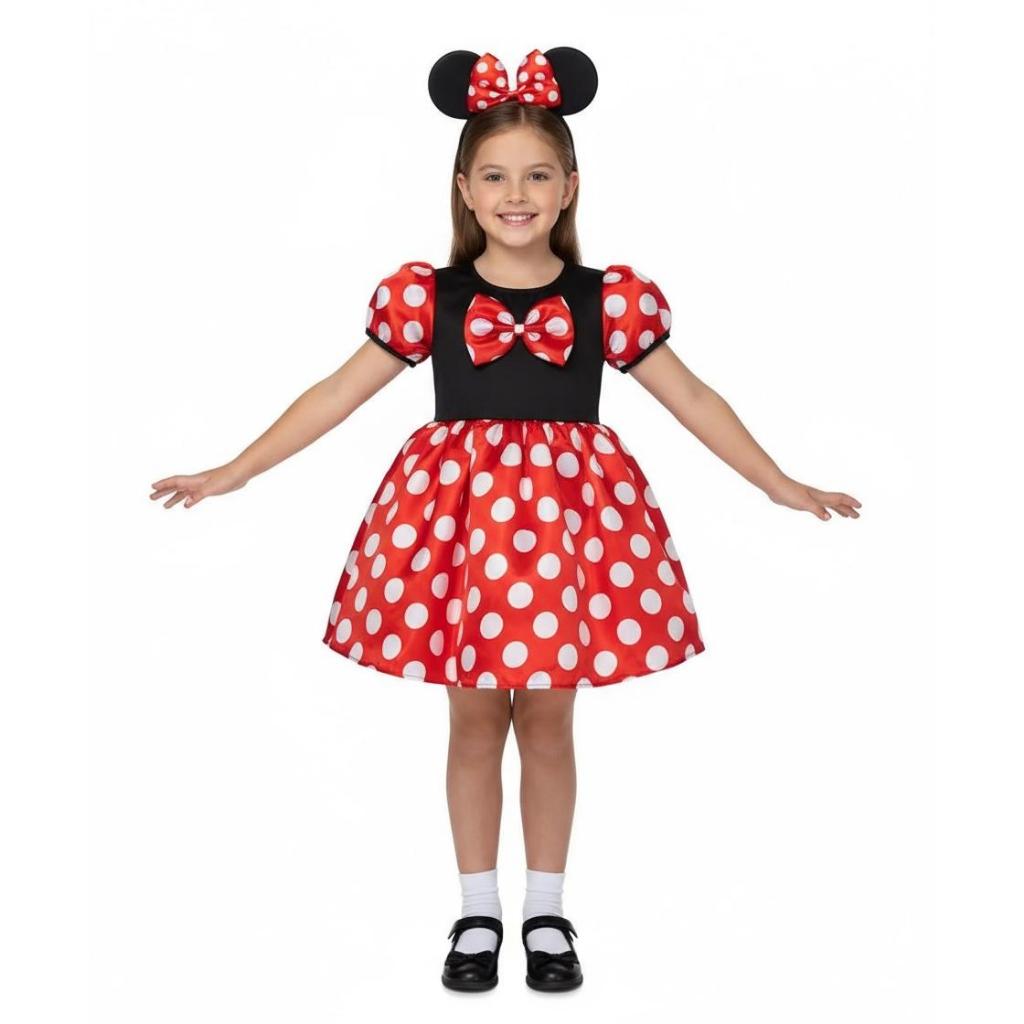 Fantasia Infantil Vestido Minnie Minie vermelha com Arquinho e Tiara Led