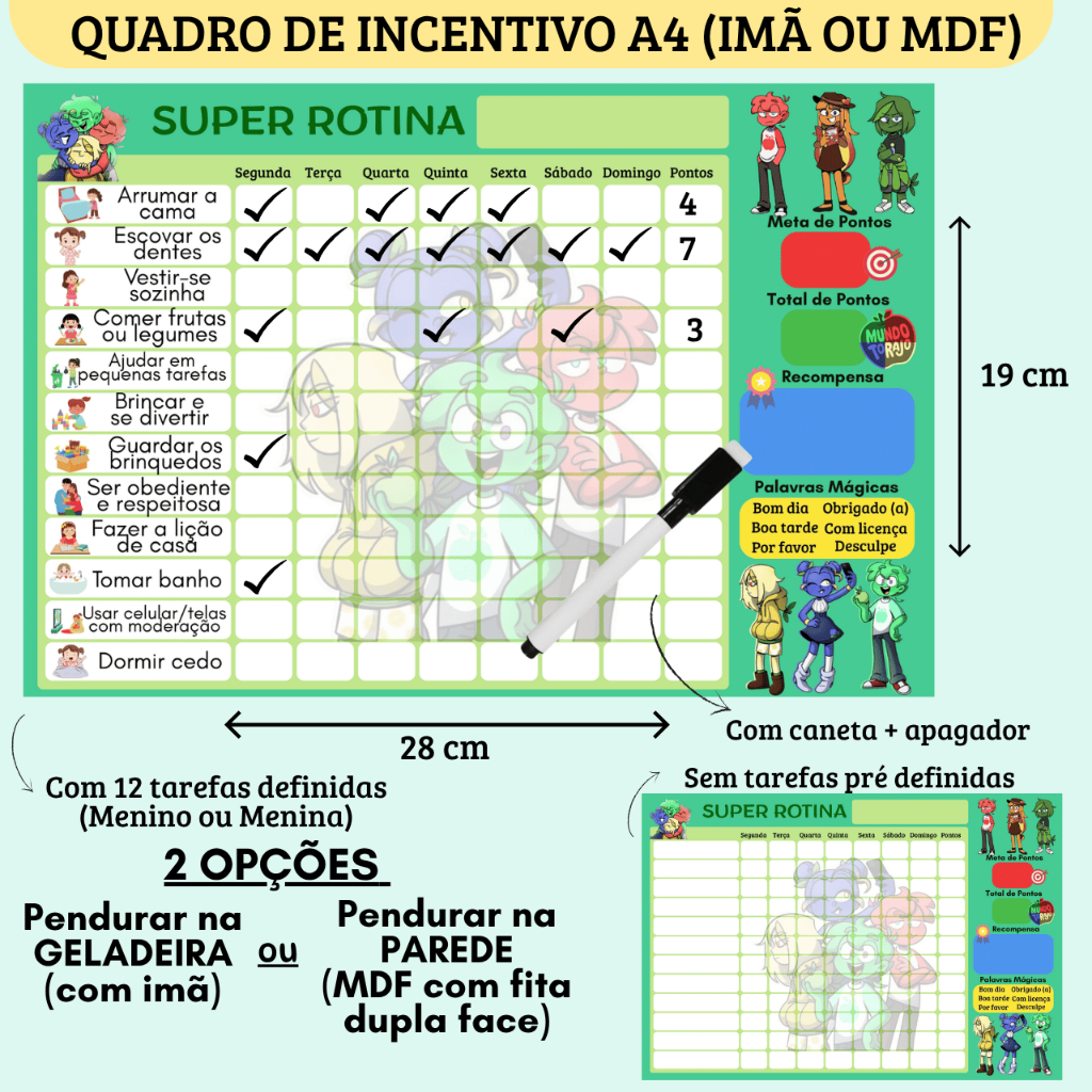 Quadro de Incentivo Rotina Mundo Torajo A4 + Caneta c/ Apagador (Imã p/ Geladeira ou MDF p/ Parede) em Oferta na Shopee