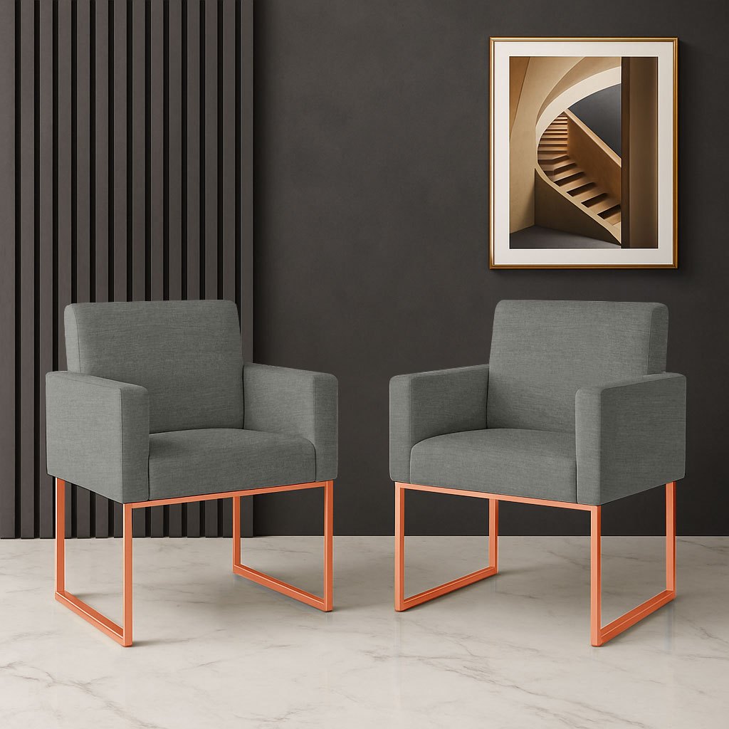 kit 02 Poltronas sala Tecido Linho Grafite - Base Ferro Rosé