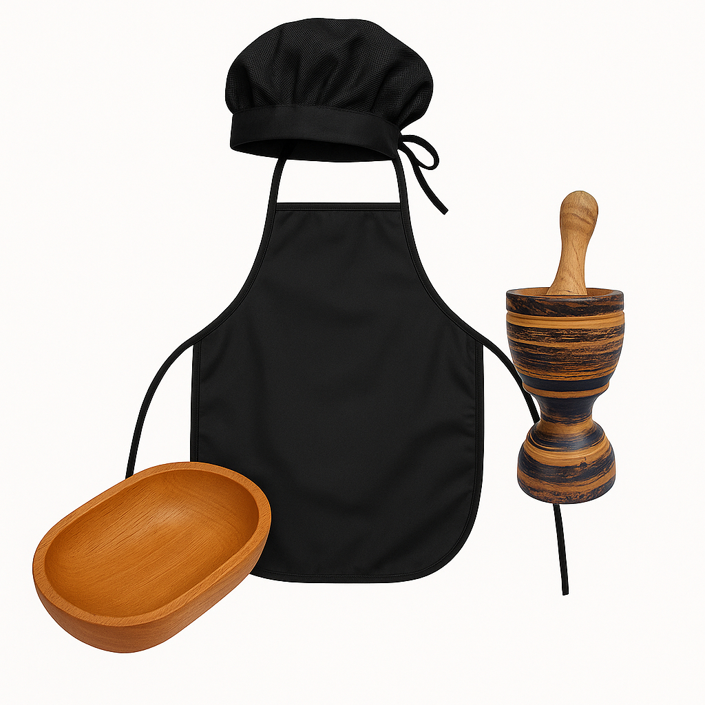 Kit Avental + Touca + Pilão de Madeira 15cm + Gamela 27cm para Cozinha e Temperos Artesanais