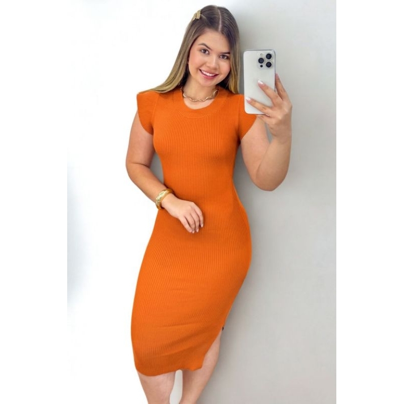 Vestido Midi Canelado ,Vestido Modal Feminino Vestido Bodycon Vestido Justo Vestido Marrom Vestido de Tricô Vestido
