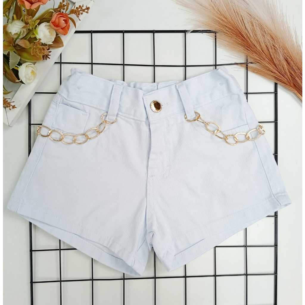 Short Jeans Branco com Cinto Coração Infantil e Juvenil 4 ao 16
