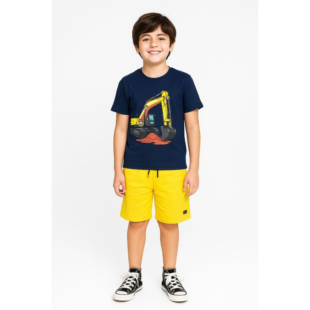 ? Conjunto Infantil Verão Menino  Escavadeira - Trator Tamanho 1 ao 12 anos.