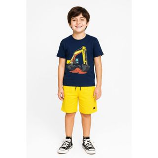 👕 Conjunto Infantil Verão Menino  Escavadeira - Trator Tamanho 1 ao 12 anos. em Oferta na Shopee