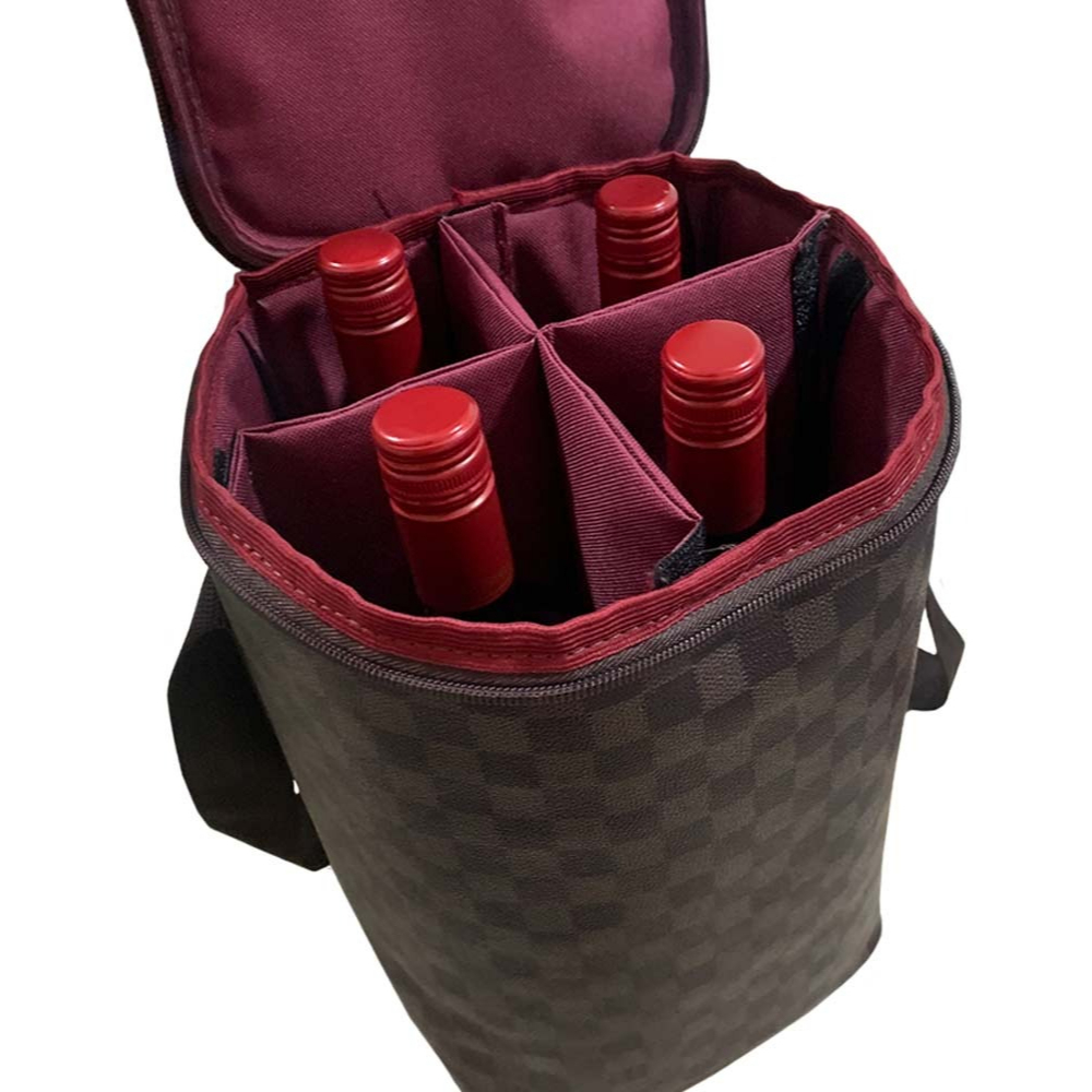 Bolsa Termica Wine Bag 4 Garrafas Taças Praia Luxo Exclusiva Xadrez Marrom