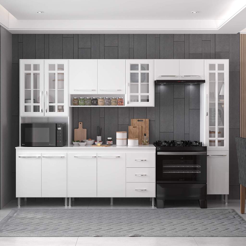 Armário de Cozinha Modulada Completa Fidelitá Viena 5 Peças 295cm 13 Portas 3 Gavetas Com Tampo Branco em Oferta na Shopee