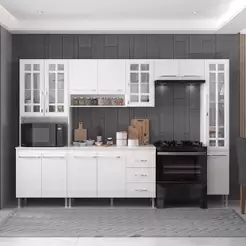 Armário de Cozinha Modulada Completa Fidelitá Viena 5 Peças 295cm 13 Portas 3 Gavetas Com Tampo Branco