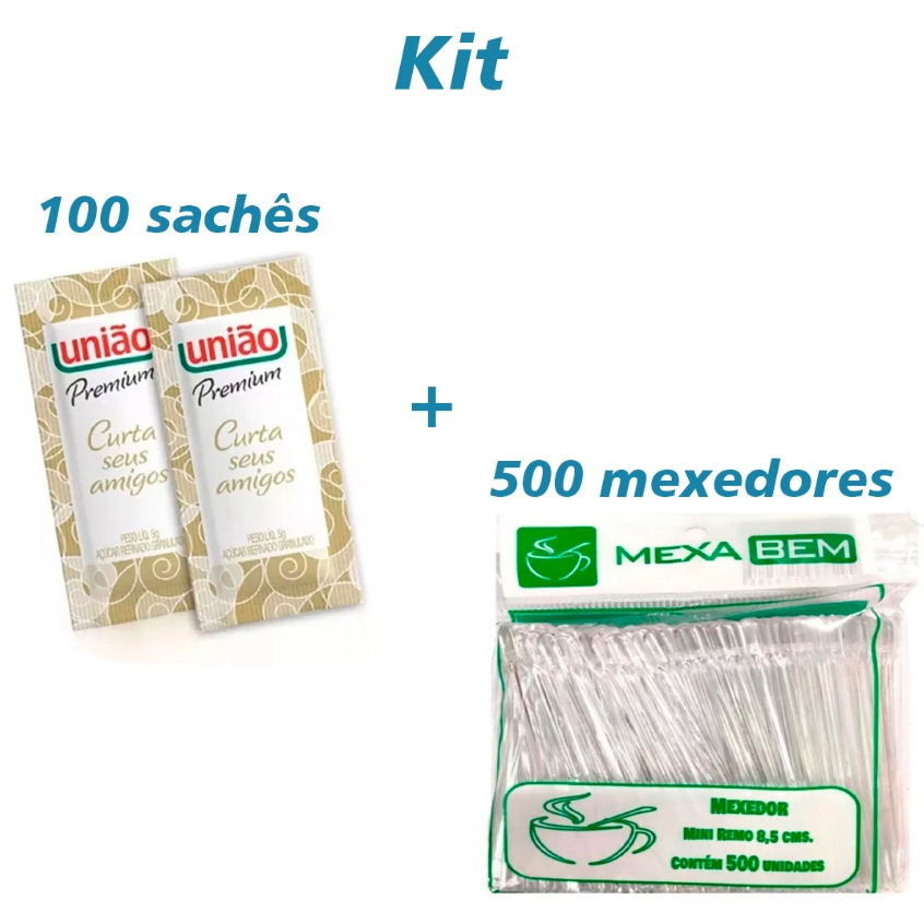 KIT 100 Sachês de açúcar União Premium + 500 unidades Mexedor de Café Remo Mexa Bem Palheta de plástico em Oferta na Shopee