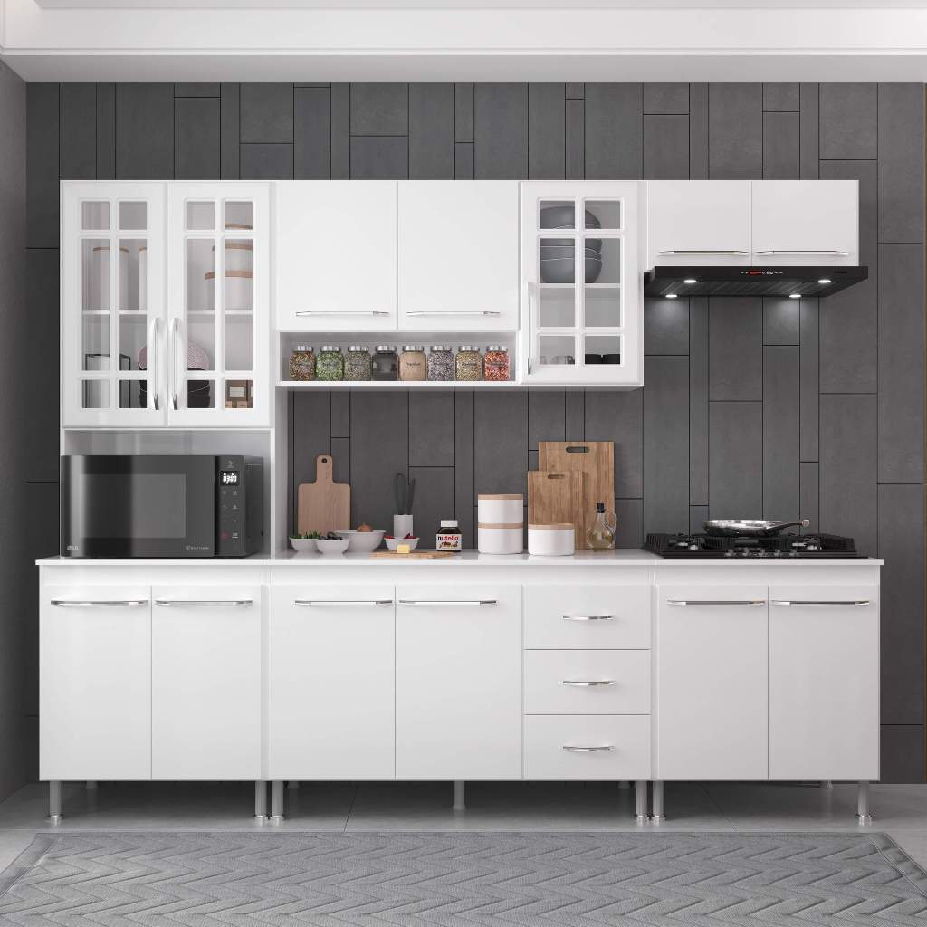 Armário de Cozinha Modulada Completa Fidelitá Viena 5 Peças 260cm 13 Portas 3 Gavetas Com Tampo Branco em Oferta na Shopee