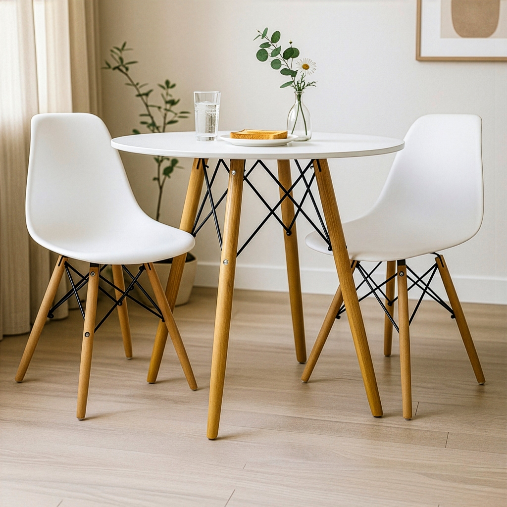 Mesa Eiffel Redonda Branca 80 Cm MDF + 2 Cadeiras Eiffel