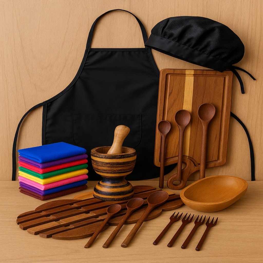 Kit Completo Cozinha Avental + Touca + Tábua + Pilão + 3 Colheres + 2 Panos + 3 Descanso + 4 Petisco P e Gamela