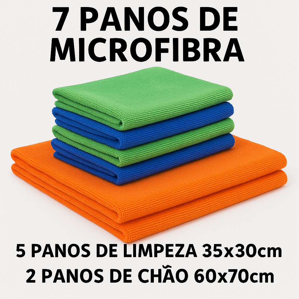 Kit 7 Panos de Microfibra – 5 Panos de Limpeza 35x30cm + 2 Panos de Chão 60x70cm Premium