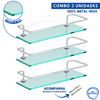 Kit 3 Prateleira Porta Shampoo Banheiro Alumínio Vidro Reto Antiferrugem Suporte Parede Organizador em Oferta na Shopee