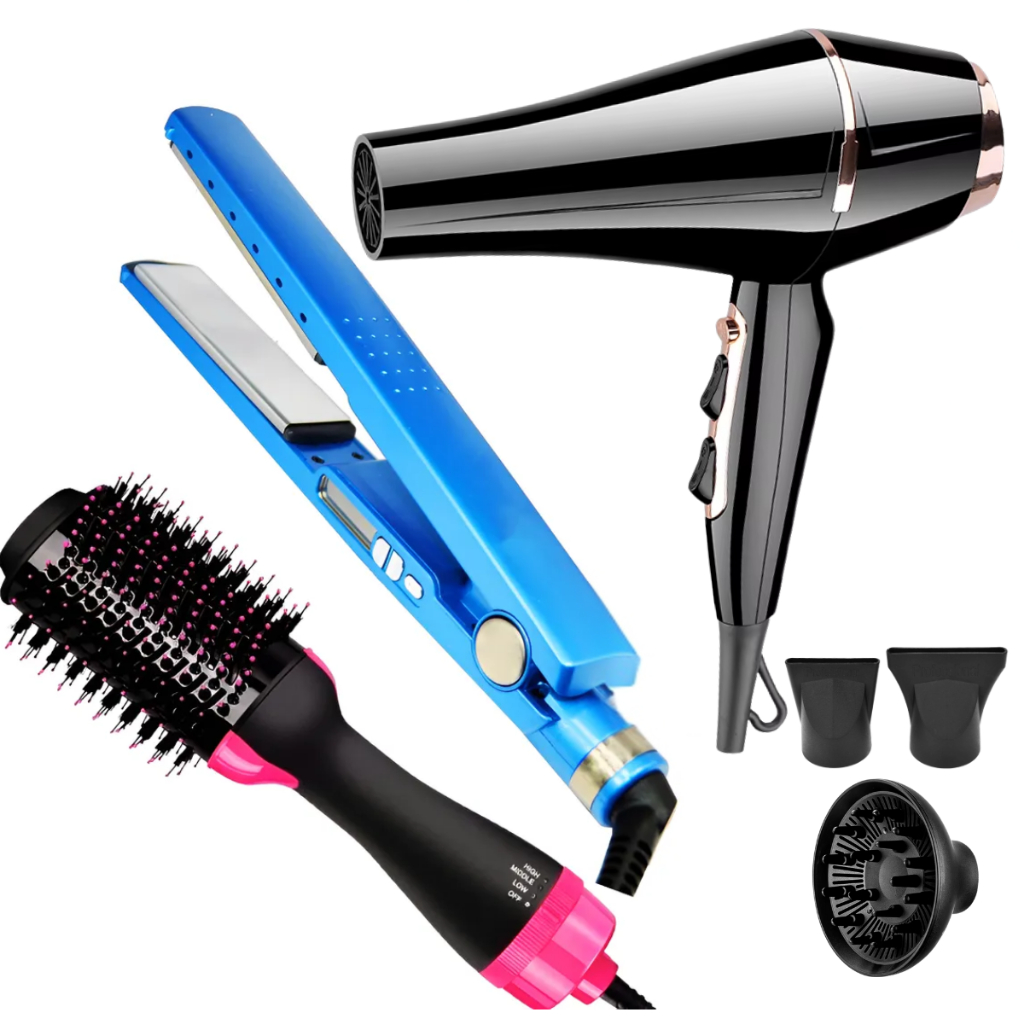 Kit Prancha Chapinha Nano Titanium + Secador de Cabelo 2200W + Escova Secadora Alisadora Oval