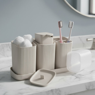 Kit 3 Acessórios Banheiro com Bandeja Dispenser Sabonete Líquido e Porta Escovas Algodão em Oferta na Shopee